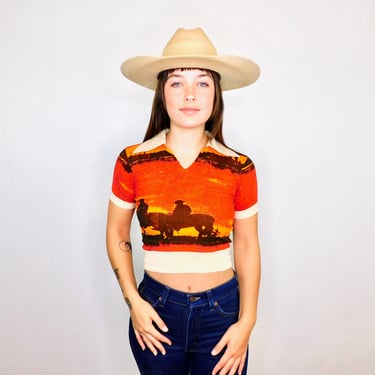 Cowboy Sunset Tee// vintage 70s 1970s t-shirt boho hippie t shirt dress tee Indian orange cotton blouse top // XS X-Small 