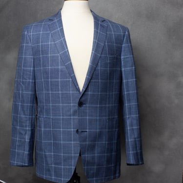 Mens Blue Plaid Blazer Jacket 42R Wool Linen Silk Blend by Paul Betenly 