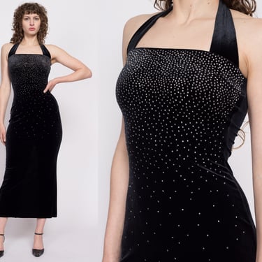 90s Y2K Sparkle Gradient Black Velvet Bodycon Dress - XS to Small | Vintage Scott McClintock Halter Gown 