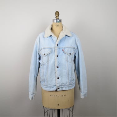 Vintage 1980s Levi's denim jacket, USA made, sherpa lined, jean, light wash, unisex clothing, gender neutral, size 42 