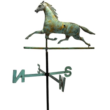 1880's Antique American New England Gilt Verdigris Copper and Zinc Prancing Dixie Horse Weathervane 