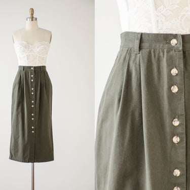 olive green skirt | 80s 90s vintage dark green brown dark academia cotton khaki button down midi skirt 