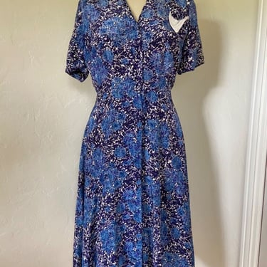 Vintage 1940s blue floral rayon collared day dress sundress womenswear medium large by TimeBa