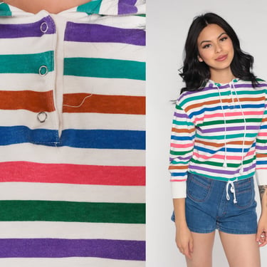 Rainbow Shirt Hooded Tshirt 80s Striped Shirt Hoodie T Shirt 3/4 Sleeve Henley Shirt Hippie Top Retro T Shirt Vintage Medium 