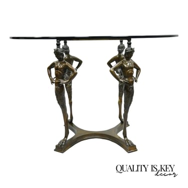 20th C. Cast Bronze Satyr Figural Pedestal Base Glass Top Dining Center Table