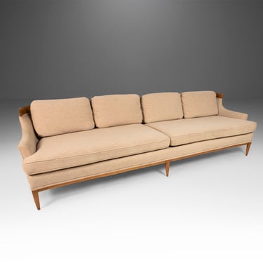 Long Four (4) Seat Full Length Sofa in Original Cream Fabric w/ Sculptural Oak Detailing by Erwin Lambeth, c. 1960's 