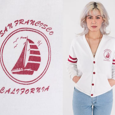San Francisco Cardigan Sweatshirt 80s Sailboat Sweatshirt White California Shirt Button Up Nautical Graphic Vintage 1980s Medium Large 