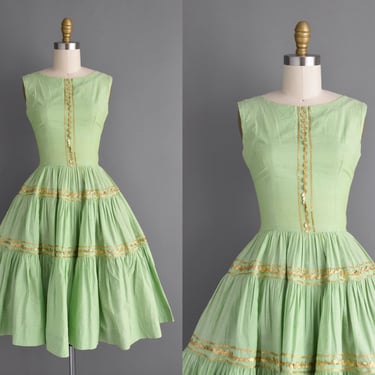 1950s vintage dress | Gorgeous Green & Gold Sweeping Full Skirt Patio Dress | XS | 50s dress 