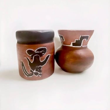 Vintage Small Clay Vase Pots 2.5” Hand-Painted Aztec Tribal Southwestern Terra Cotta Planters Pottery 