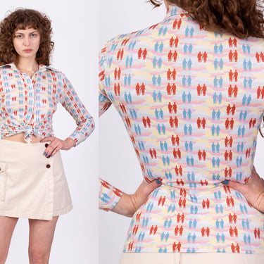 70s Walking In The Sky Novelty Print Button Up Top - Extra Small | Vintage East By Jason Silverstein Long Sleeve Pointed Collar Shirt 