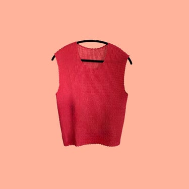 Red Pleated Tank Top, Vintage Y2K Micropleated Sleeveless Blouse, Issey Miyake Style Crepe Top, Simple Minimal Plain Oversized Loose Fit Top 