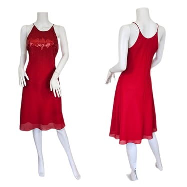 Cachet 1990's Red Poly Beaded Slip Dress I Sz Med 