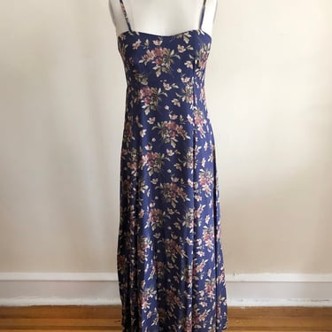 Laura Ashley Blue and Pink Floral Print Maxi Dress - 1990s 
