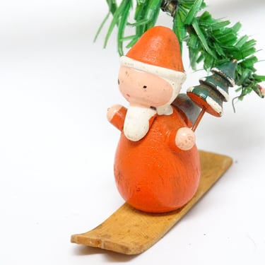 Vintage Tiny Italian Santa on Skis, Miniature Hand Painted Wood for Christmas Putz or Nativity, ITALY 