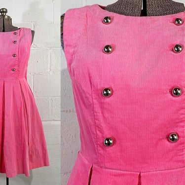 Vintage Pink Corduroy Dress Baby Doll Mini Silver Buttons Fit & Flare Pleated Skirt Mod Twiggy Sleeveless Medium Small 1960s 