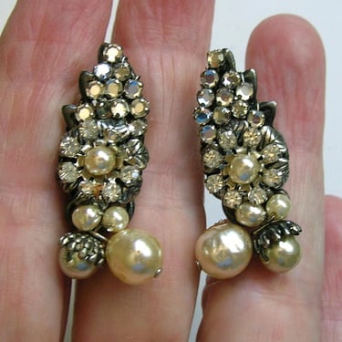 Vintage Miriam Haskell Faux Pearl and Montee Pierced Earrings, 80's Haskell Earrings, Old Haskell Rhinestone Montee Earrings (#4643) 