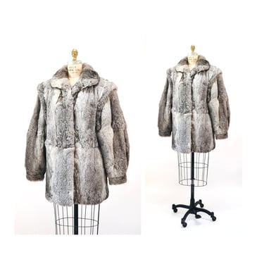 70s 80s Glam Vintage Rabbit Fur Coat Grey Gray Silver Rabbit Fur Jacket Medium Bermans// 80s Vintage Rabbit Fur Oversized Coat Grey melange 