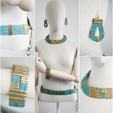 1980s Leather Belt, Necklace, Bracelet, and Earrings Set 