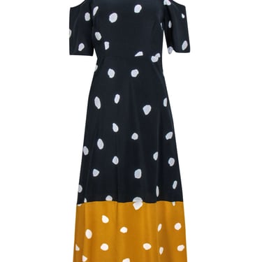 L.K. Bennett - Navy, Mustard & White Polka Dot Cold Shoulder High-Low Maxi Dress Sz 4