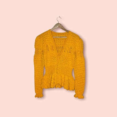 Vintage 70's Harvest Yellow, Gold Handknit Crochet Open Knit Cardigan Sweater, Small 