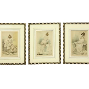 #1521 Set of 3 Bathing Lady Prints Framed with Hand Colored Matboard