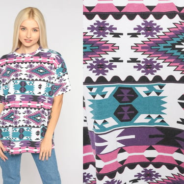 Southwestern T-Shirt 90s Shirt Retro Native American Art Graphic Tee Aztec Short Sleeve Pink Purple Blue Vintage 1990s Large L 