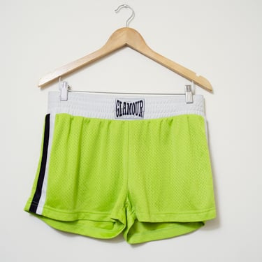 1990s Lime Green Glamour Boxer Style Athletic Gym Shorts by Derek Heart Elastic Waist — Size Large 