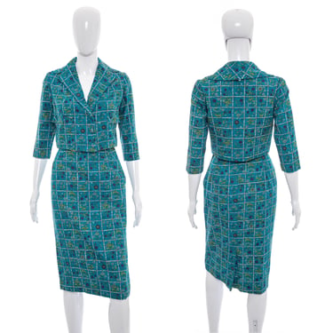 1960's Judy Wayne Teal Floral Skirt Suit Size S