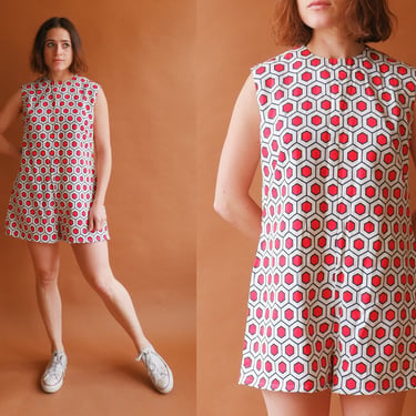 Vintage 60s Geometric Print Romper/ 1960s Boxy Fit Sleeveless Cotton Playsuit/ Size Medium 