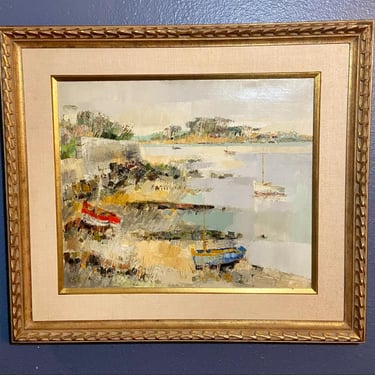 Original oil Painting on Canvas Boats on a Beach, by French artist Louis Rosan (1926 - 2017) 