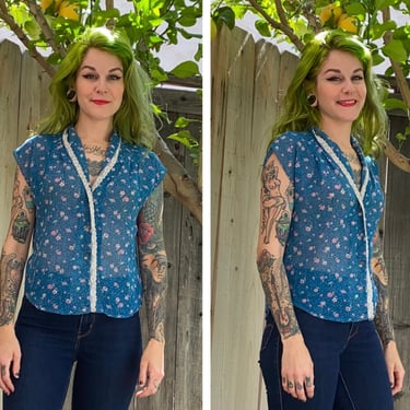 Vintage 1970’s Sheer Blue Floral Blouse with Lace 