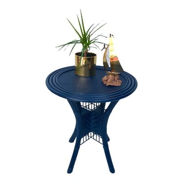 Vintage Navy Blue Rattan Round Side Table | Circular Accent Table 
