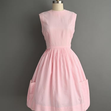 Vintage 1950s Dress | Bobby Brooks Pink Pinstripe Cotton Full Skirt Day Dress | Medium Large 