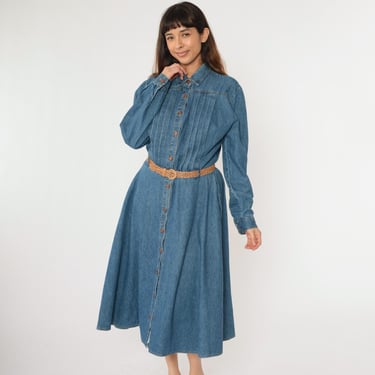 90s Denim Midi Dress Blue Jean Shirtdress Button Up Pleated High Waist Belt Collared 1990s Normcore Vintage Retro Long Sleeve Large 14 