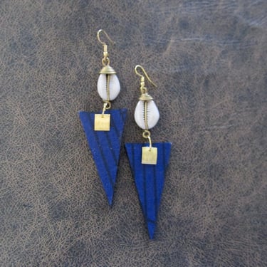 African print earrings, Ankara earrings, cowrie shell earrings, bold statement earrings, Afrocentric earrings, triangle batik earrings 3 