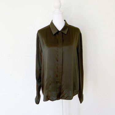 90s Pure Silk Liquid Satin Dark Olive Green Button Up Blouse | Medium/Large 