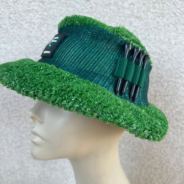 Vintage kitsch bucket style golf hat green turf with tee holder by Fringe Small 