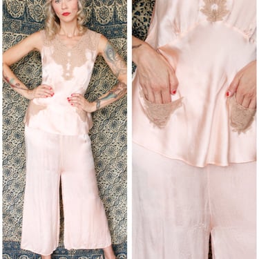 1940s Pajama Set // Silk & Lace Champagne Pink Top and Wide Leg Pant // vintage 40s pj set 