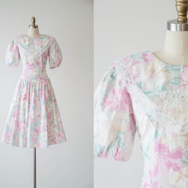 cute cottagecore dress | 80s vintage pastel pink green floral sailor collar puff sleeve fit and flare dress 