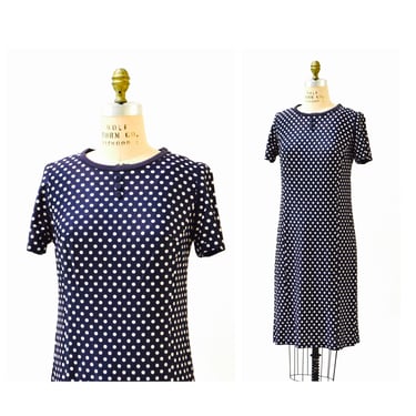 60s Vintage Polka Dot Dress Navy Blue White Shift Dress T shirt Dress Size Medium Large// Vintage Polka Dot Dress Short Sleeves 