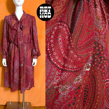 Pretty Vintage 70s Maroon Paisley Fit and Flare Long Sleeve Dress with Pussybow 