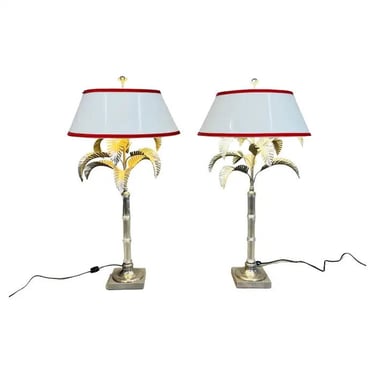 Pair of Elegant Hollywood Regency Glass Bamboo & Palm Lamps by Chapman 