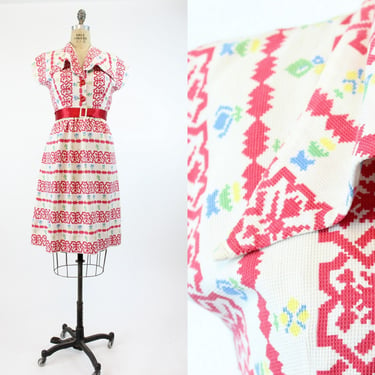 1930s cotton cross stitch print dress medium | vintage cotton dress 