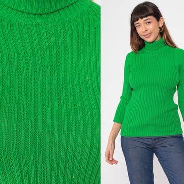 Bright Green Sweater 70s 80s Turtleneck Sweater Ribbed Raglan Sleeve Pullover Jumper Vintage 1970s Plain Extra Small xs 