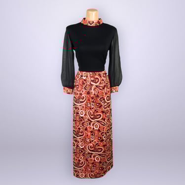 VINTAGE 70s Red and Black Paisley Print Maxi Dress with Sheer Sleeves Size 12 | 1970s Psychedelic Hostess Party Dress | VFG 