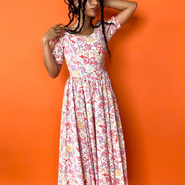 1980s Laura Ashley Pink Floral Print Dress sz. S