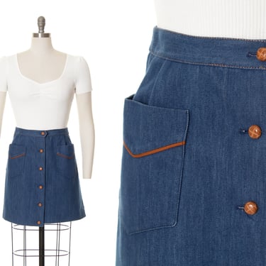 Vintage 1970s Mini Skirt | 70s Blue Denim Button Up High Waisted A-Line Boho Short Skirt with Pockets (small) 