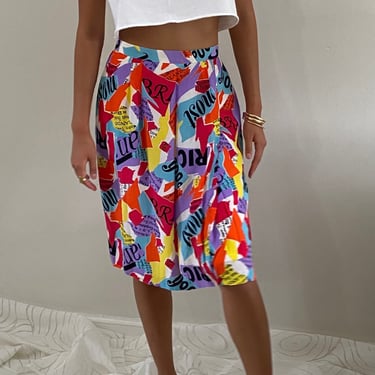 90s silk skirt / vintage multicolored neon graphic patchwork print draped silk skirt | Medium 