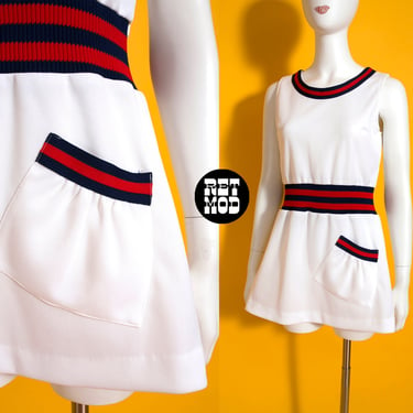 Sassy Vintage 60s 70s White Mini Tennis-Style Dress in White, with Navy Red Stripe Trim & Pocket 