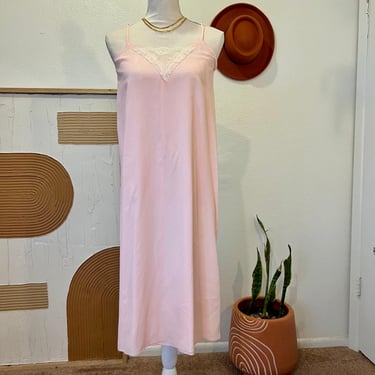 Vintage 1970s Handmade Pale Pink Lace Trim Silky Slip Lingerie Dress - XS 